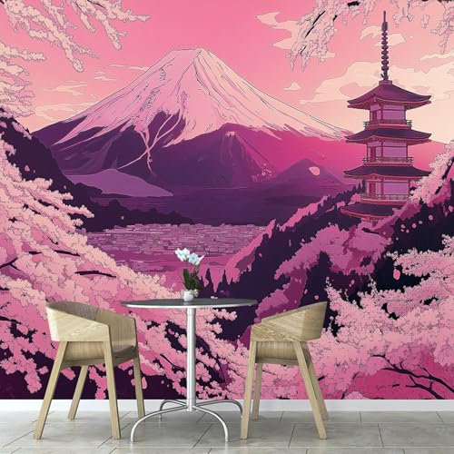 Fototapete Pagodentempel Im Japanischen Stil 3D Effekt 450×315cm,Wandtapete Abstrakte Abbildung Des Fujisan Bildtapete Schlafzimmer Wohnzimmer Wand Dekoration