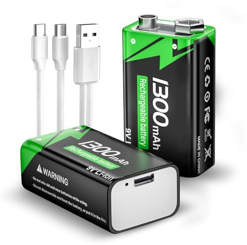 Piles 9V Rechargeables, 9 Volt Piles Carrées Lithium-ION Batteries USB-C Charge avec 2 en 1 Câble de Chargement pour Détecteur de fumée, Jouets électroniques etc (Lot de 2)