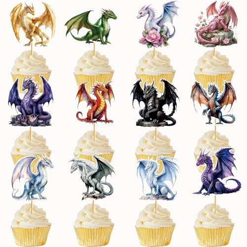 36 Pcs Dargon Cupcake Toppers Dargon Cake Decorations Dragon Birthday Party Decorations with Unique Various Dargon Themed Cupcake Toppers for Dragon Party Decorations