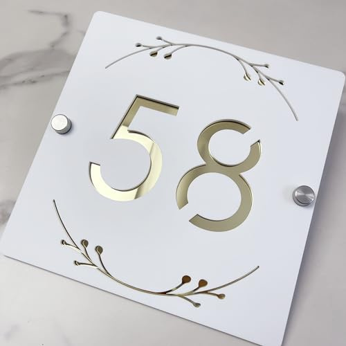 3D Hollow Acrylic House Number Sign with Ornamental Floral Design – Custom Laser Engraved Address Plaque for Wall, Matte Finish Floating Door Number Plate (White gold)