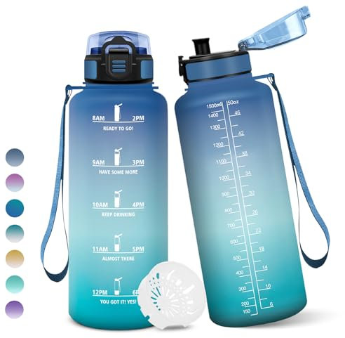Botella Agua, 1500 ml Libre de BPA, Botella Agua Gimnasio, Con Marca de Tiempo, Botellas de Agua, Diseño de Cerradura a Prueba de Fugas, Botellas de Agua Para Niños para Deportes - Azul&Verde