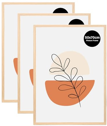 KAIWIN Pack of 3 Picture Frames 50 x 70 cm, Oak Wooden Photo Frame for Hanging with Poster, Poster Frame Used for Living Room, Bedroom, Study | For Photos, Posters, Puzzles