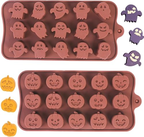 Halloween Silicone Chocolate Molds 2 Pack - Mini Pumpkin & Ghost Shapes for Chocolate, Sweets, Ice Cubes & Wax Melts | Food Safe, BPA Free, Non-Stick Baking Tools