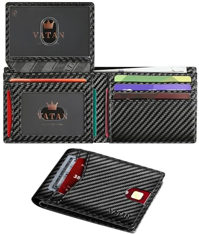 VATAN Portefeuille Homme, en Cuir avec Blocage RFID, 15 Emplacements pour Cartes, 2 ID & Photo Window, 2 Compartiment à Billets, Portefeuille pour Homme avec Boite Cadeau (Carbone Noir)