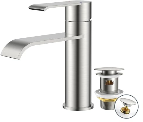 FORIOUS Rubinetto Bagno Lavabo con Piletta, Miscelatore Monocomando, Rubinetto a Cascata con Altezza Beccuccio 98MM, Design Moderno，Inox