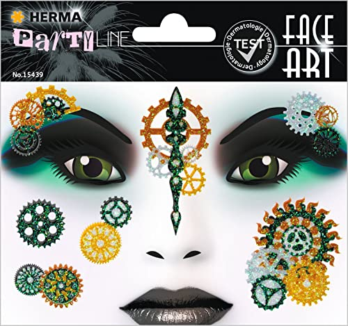HERMA 15439 Face Art Sticker Steampunk, dermatologisch getestet, ablösbare Glitzer Gesicht Aufkleber, temporäre Tattoos für Karneval Fasching Halloween Festival Kinder Geburtstag, grün gold
