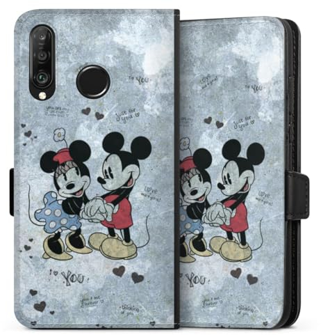 Klapphülle kompatibel mit Huawei P30 Lite Handyhülle aus Kunst Leder schwarz Flip Case Disney Mickey & Minnie Mouse Vintage