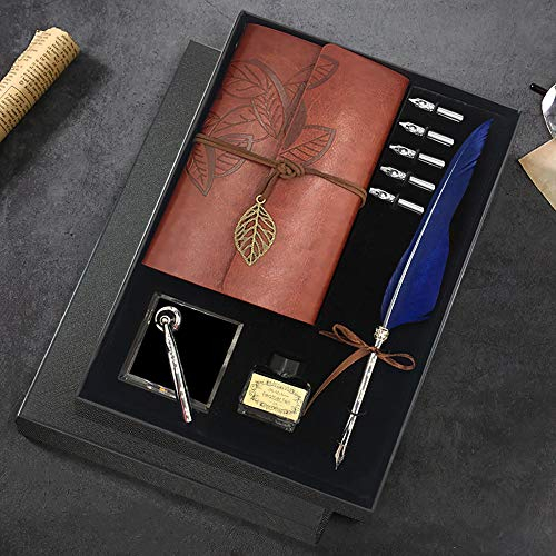GCCL Quill-Stift und Tintenset, antikes Feder-Tintenstift-Schreibset, einschließlich Federstift, 5 Ersatzspitzen, Stift-Nib-Basis, Notizbuch, Tinte, Geschenkbox, bestes Geschenk für Ihn Männer Vater