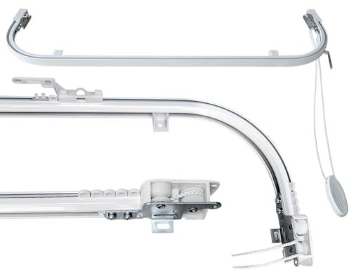 Binario Tenda Soffitto Curvo alle estremità in Alluminio Bianco Personalizzabile, Completo di Accessori per il Fissaggio, Bastone Tende a Soffitto o Parete Scorrevole (180CM APERTURA CENTRALE)