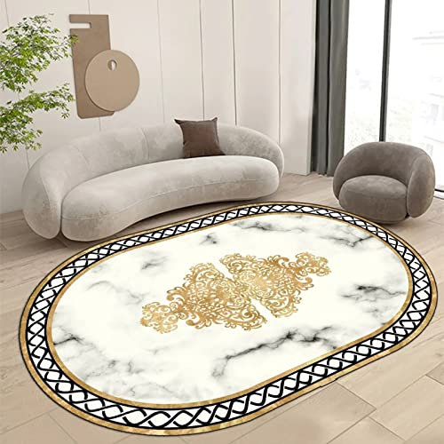 SRTJURFG Teppich Oval Kurzflor Waschbarer Anti-Rutsch Teppiche Luxuriöser weißer Goldener Marmor Kinderteppiche Flauschige Groß Schutzmatten 60 X 90 cm