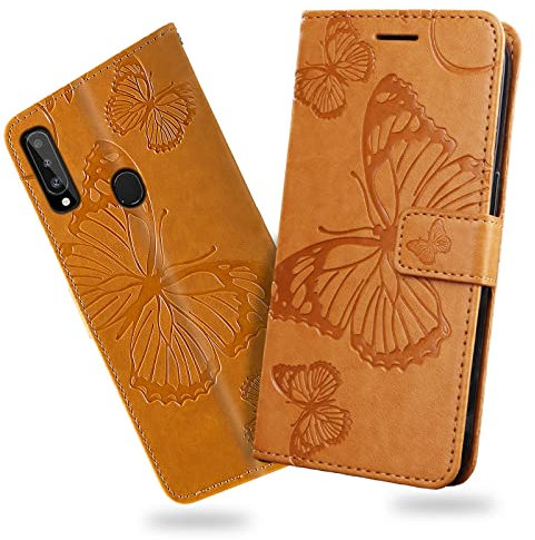 DENDICO Hülle für Galaxy A20S, PU Leder Magnetverschluss Flip Handyhülle Schutzhülle mit Standfunktion und Kartenfach für Samsung Galaxy A20S, Gelb