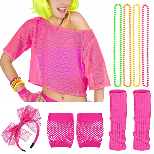 iZoeL Neon Netz Shirt 10tgl. 80er Jahre Outfit Accessoires Haarreif Halskette Handschuhe Beinstulpen 80er Kostüm Accessoires Halloween karneval Cosplay party
