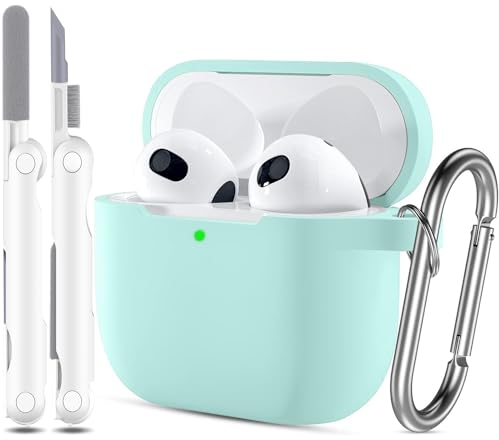 R-fun Kompatibel mit AirPods 3 Hülle, Kompatibel mit AirPods 3 Gen Hülle Case mit Reinigungsset und Schlüsselanhänger, Weicher Silikonschutz Kompatibel mit Apple AirPods 3 Hülle Case,Leuchtblau
