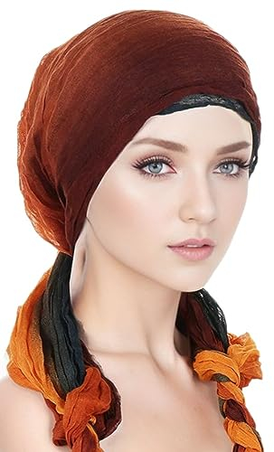 2 in 1 Floral Frauen Chemo Kopfbedeckung Hijab Schal für Reisen Weiche Baumwolle Hanf Krepp Crinkled Kopf Wrap Turban, Rotbrauner Farbverlauf, Medium