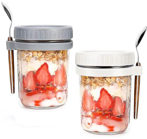 Joghurtbecher to go mit Löffel, Glas Müslibecher mit Deckel 350ml Joghurt Gläser Overnight Oats Gläser für Jogurt Müsli Mepal Porridge Milch Früchte (Weiß & Grau)