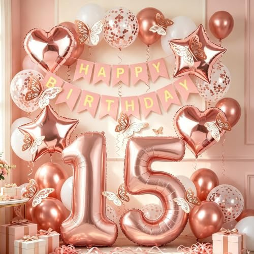 Nelotaor 15th Birthday Decorations for Girls, Rose Gold 40 Inch Number 15 Foil Birthday Balloons with Happy Birthday Banner and Butterfly Stickers