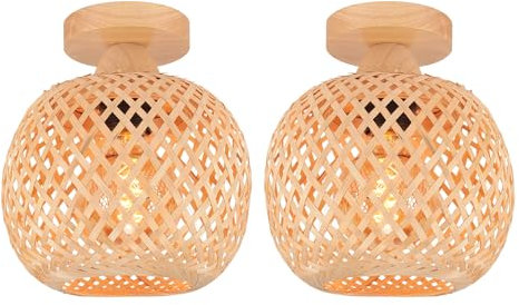 LIGKIN Lots de 2 Plafonnier Rétro en Bambou Cage Tissage Lustre Style Bohème Abat-jour en bambou Lampe de plafond Vintage Luminaire Plafonnier pour Chambre Restaurant Cuisine Café