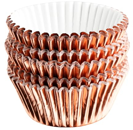 Rumyve 100 Pcs Disposable Baking Cups,Foil Metallic Cupcake Cases,Muffin Liners for Christmas Birthday Wedding Holiday Party(Rose Gold)