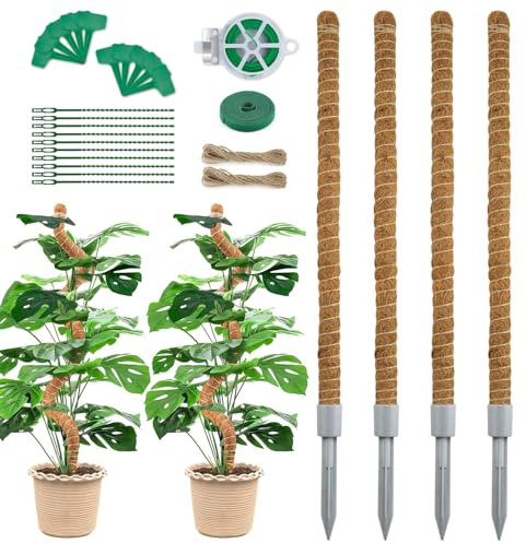 Homvvi Pali di muschio da 71 cm (set di 4), pali in fibra di cocco per Monstera - Supporto per piante da interno, totem in fibra di cocco pieghevole per piante da appartamento, con accessori da