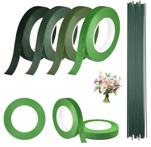 ZWQLZG Florist Tape 4 Rolls Floral Tape and Florist Wire Green Florist Stem Wrap Bouquet Tape, 12mm Width Florist Tapes Flower Tapes for Bouquet Flowers Wrapping 30 Yard/Roll