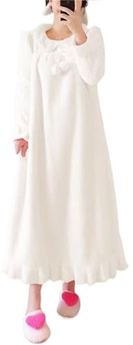 Pyjama Femme Automne Hiver Polaire Longue Confortable Vêtements De Nuit d'automne Et d'hiver À Longue Manches Flanelle Rose Chemises De Nuit(Blanc,M)