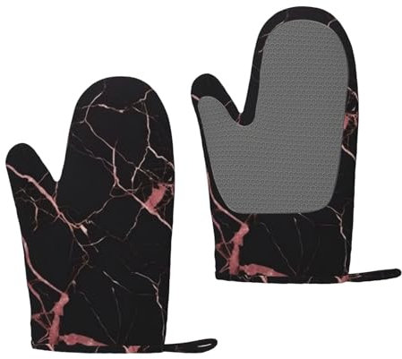 Black Rose Gold Marble Silicone Oven Gloves - Waterproof Anti-Slip Microwave Mitts, Bbq Grill Gloves For Chef Kitchen Cooking Baking