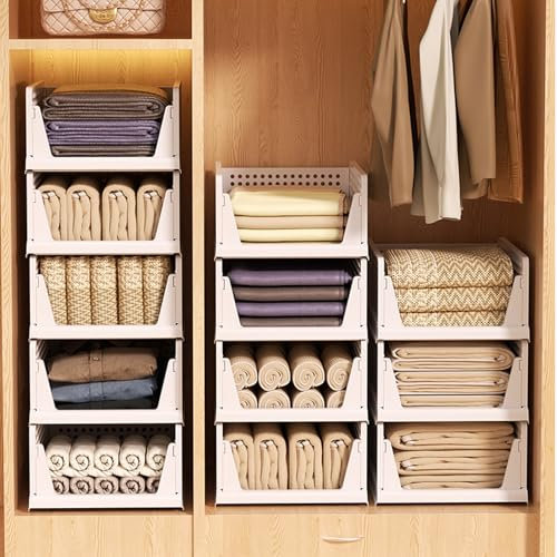 8 Pack Wardrobe Storage Organiser Stackable Storage Boxes Plastic Drawers, Wardrobe Shelves Organiser Foldable Baskets for Closet Bedroom