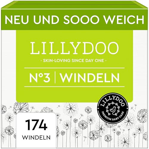 LILLYDOO hautfreundliche Baby Windeln - Größe 3 (6-10 kg), Monatsbox (174 Stück), Sicherer Auslaufschutz, Weich, Ohne Parfüme & Lotionen für empfindliche Haut, Dermatologisch getestet