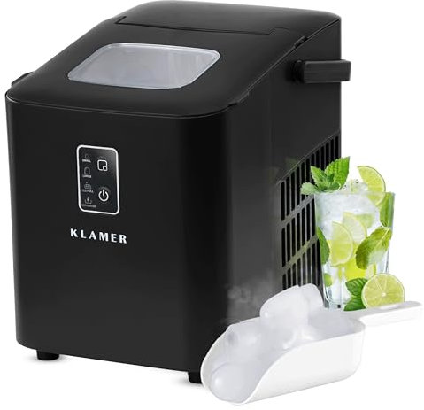 KLAMER Eiswürfelmaschine klein (2025), 8 Eiswürfel in 8 Minuten, 11 kg Eiswürfel pro Tag, 2 Eiswürfelgrößen, 1 L Wassertank, Geräuscharmer Eiswürfelbereiter mit Eisschaufel und Tragegriff