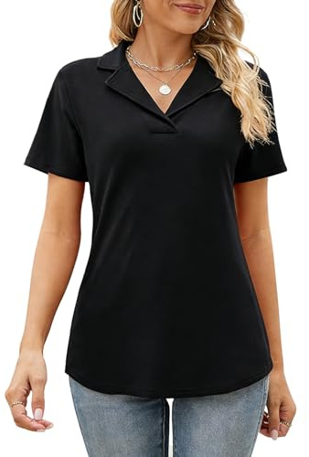 ADUDVLO Polo Shirts for Women V Neck Collared Short Sleeve,Business Classic Work Summer Ladies Golf Tops Dressy Casual Tunic Blouse