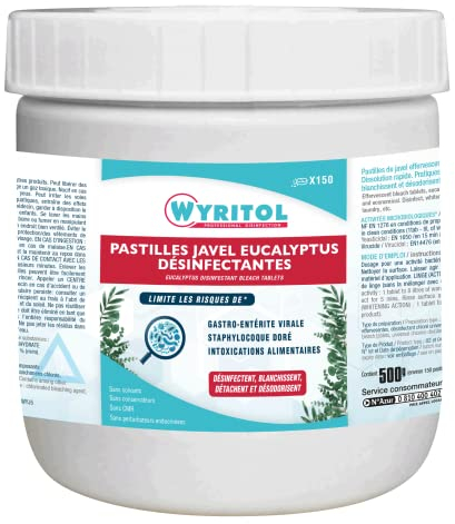 WYRITOL - Pastilles javel effervescentes - Parfum eucalyptus - Désinfecte et assainit - Blanchit et détache - Antibactérien et virucide - 150 pastilles - Fabrication française