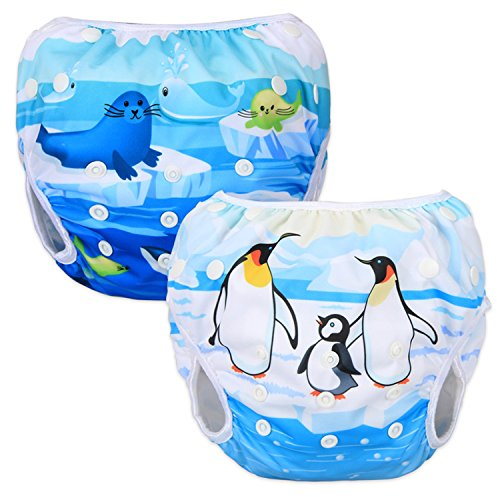 Luxja Pañal de Natación para Bebes Bañador Reutilizable de Nadar de Bebé Pañal Lavable para Bebé (0-3 años), Pingüino + Animales del Mar