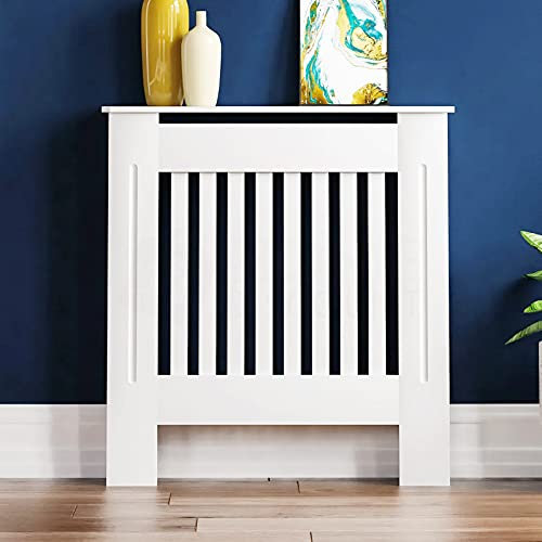 Radiator Cover Traditional Modern Slatted Grill Slats Wall Mounted Cabinet White Painted Wood MDF Cabinet Shelving Dispaly Home Furniture Flat Packed Easy Assembly- Small H82 x W78 x D19cm