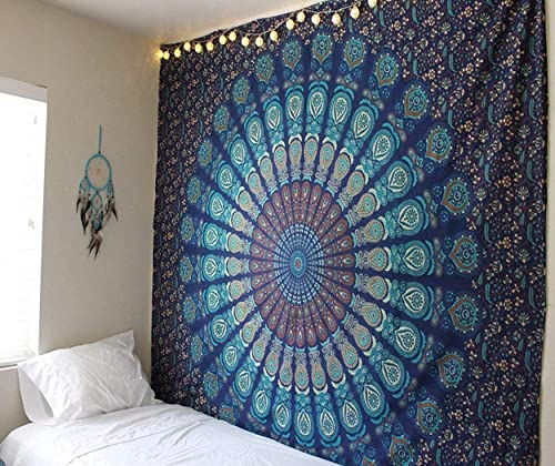 RAJRANG BRINGING RAJASTHAN TO YOU: Große Wandteppiche - Blau, 228 x 274 cm, Reine Baumwolle, Mandala, Dekorative Wandteppiche für Wohnzimmer
