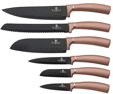 Berlinger Haus Rose Gold Juego 6 Cuchillos Profesional, Hoja Acero Inoxidable, Recubrimiento Antiadherente, Cocinero, Cebollero, Pan, Santoku, Pelar, Mango Ergonómico, Diseño Metallic Line (BH-2543)