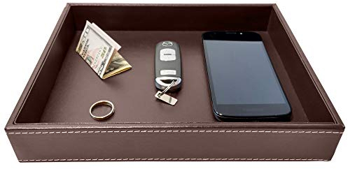 Valet Tray Dresser Organizer Schreibtisch Tablett Nachttisch Organizer Schlüsselschale Nachttisch Organizer für Männer EDC Tablett Braun PU Leder 26,2 x 21,1 x 4,1 cm