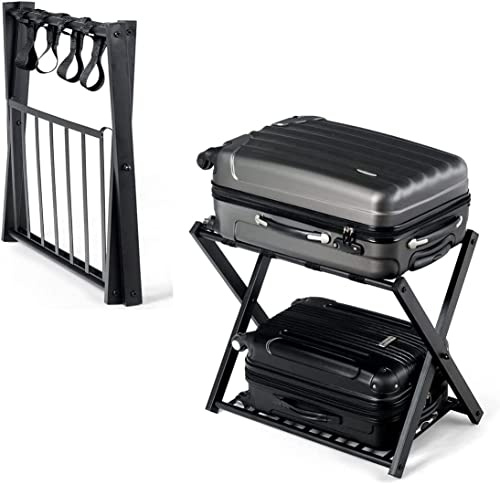 RELAX4LIFE Porte-Bagage Valise Pliant en Métal à 2 Étages | Support de Valise avec 4 Sangles, 68x44x57cm, Porte-Sacs de Voyage Noir pour Hôtel Chambre, Domicile, Noir (1 paquet)