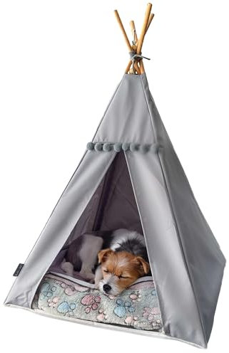 Tipi für Katzen und Hunde mit Bommeln, Wasserdichtes Haustierzelt mit Rutschfester Basis, Hunde- und Katzenhaus (Graues, graues Kissen, 55x55cm)