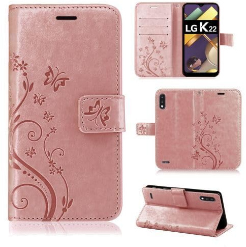 betterfon Hülle Kompatibel mit LG K22 | Premium PU Leder Handyhülle Wallet Case für K22 | Schutzhülle Blumen Klapphülle Handyhülle | Rosegold