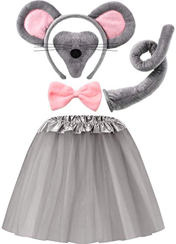 Geyoga Kids Mouse Costume Set Mouse Tutu Skirt Animal Ears Nose Bow Tie Tail Tutu Skirt Fancy Costume Accessories Halloween(Gray)