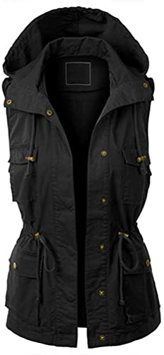 ORANDESIGNE Damen Leichte Softshell Weste Parka mit Kapuze Übergangsjacke Sommer Herbst Ärmellos Jacke Wanderungen Angeln Bergsteigen Winddicht Parka Coat Outdoor Jacken Mantel A Schwarz L