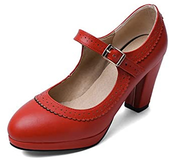 HOTRA Mary Jane Oxford Pumps Oxfords mit Runde Spitze und Mittelhohem Absatz Abendschuhe Retro Plateau Rockabilly Schuh mit Knöchelriemen (Color : Rot, Size : 36 EU)