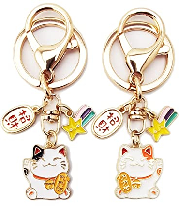 Hoshisea 2 Stück Glückliche Katze Schlüsselbund, Katze Glücksbringer Anhänger, Japanischen Stil Maneki Neko Schlüsselring, Für Geldbörsen, Schlüsselanhänger, Geschenke(zufälliger Stil)