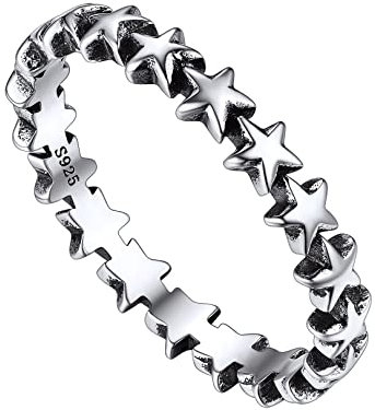 FOCALOOK Damen Mädchen 925 Sterling Silber Sterne Ring Niedlicher Ring Größe 62 (19.7) Ewigkeit Sterne Fingerring Schicke Ringe Accessoire Vintage Schmuckstücke in Altsilber Farbe