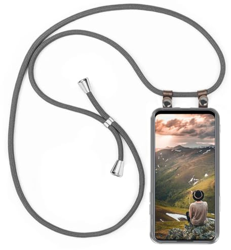 moex Handykette für Oppo Find X5 Lite Hülle mit Band abnehmbar, Handyhülle mit Kette zum Umhängen, Handyband 155 cm lang Stoff Kordel Umhängehülle, Handy Umhängeband, Grau