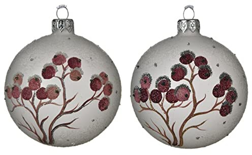 Weihnachtsbaumkugeln, rund, mundgeblasenes Glas, 8 cm, Rosa / Weiß, 2 Stück