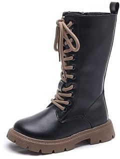 Stivali Alti Bambina Punta Tonda Moda Morbide Zip Stivaletti in Pelle Ragazza Leggeri Comode Casual Antiscivolo Motociclista Biker Boots 27-37 (Nero,32,Adolescente)