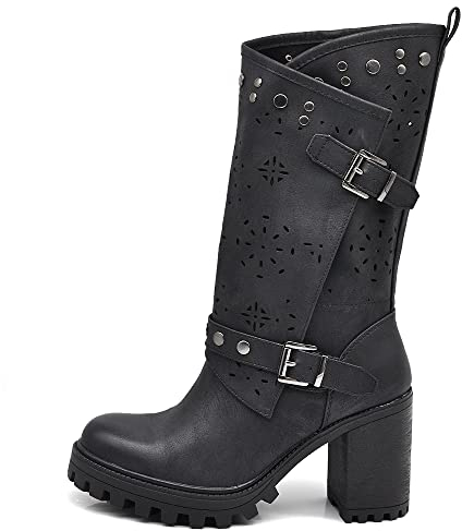 IF FASHION Stivaletti Tronchetti Da Donna Con Tacco Grosso Plateau Borchie Pelle Sintetica G669 nero N.39