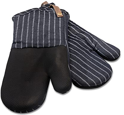Cuisinart Neoprene Blue Oven Gloves Set of 2 - Oven Mitts with Blue Denim Pin Stripe Cuff, Faux Leather Hanging Loop, Neoprene Non Slip, Heat Resistant Oven Mitts