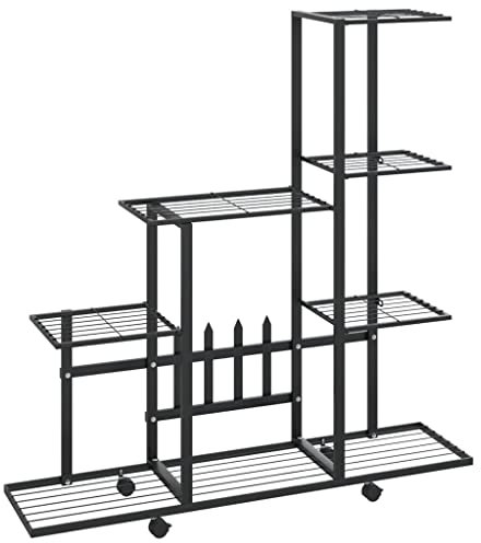 Makastle Pflanzenregal Metall Blumenregal Blumenständer mit Rollen, Garten Pflanzentreppe mehrstöckig für Indoor Balkon Wohzimmer Outdoor Dekor, 94,5x25x92,5 cm Schwarz